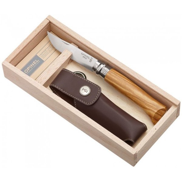 Opinel N08 inox Oliva bőrtokkal